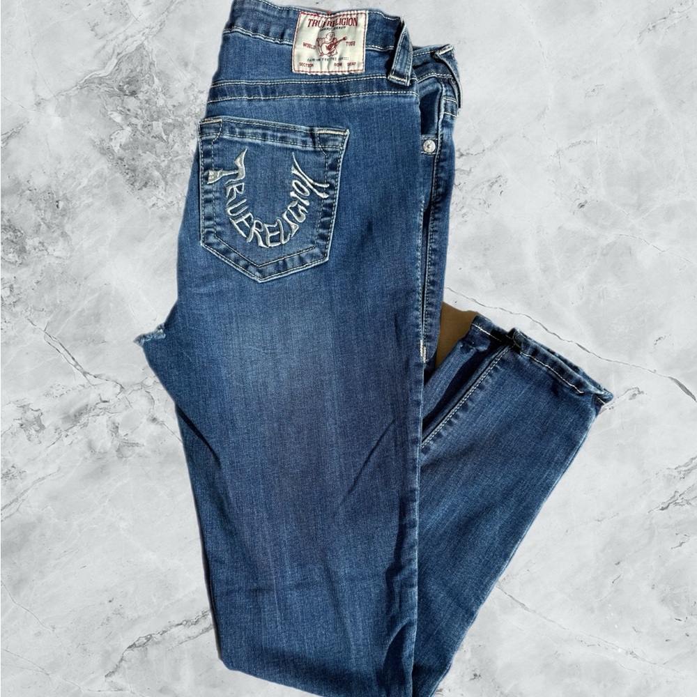 Women's True Religion Skinny Blue Jeans Sz 32 Distressed In The Private Area !